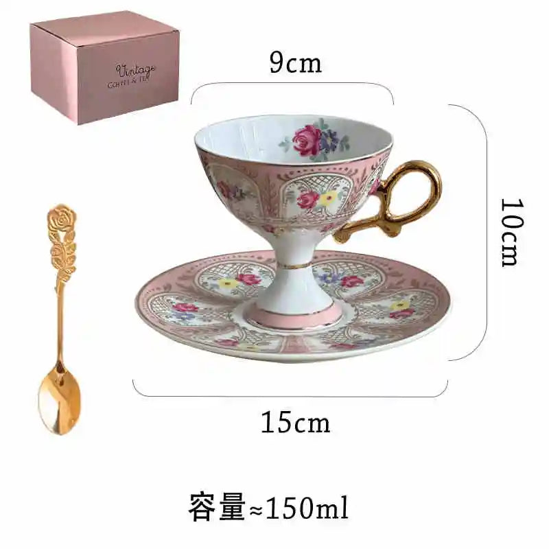 Rynx | Ceramic cup and saucer High coffee cup Palace Vintage Flower Handmade cup saucer set Golden handle Elegant drinking utensils