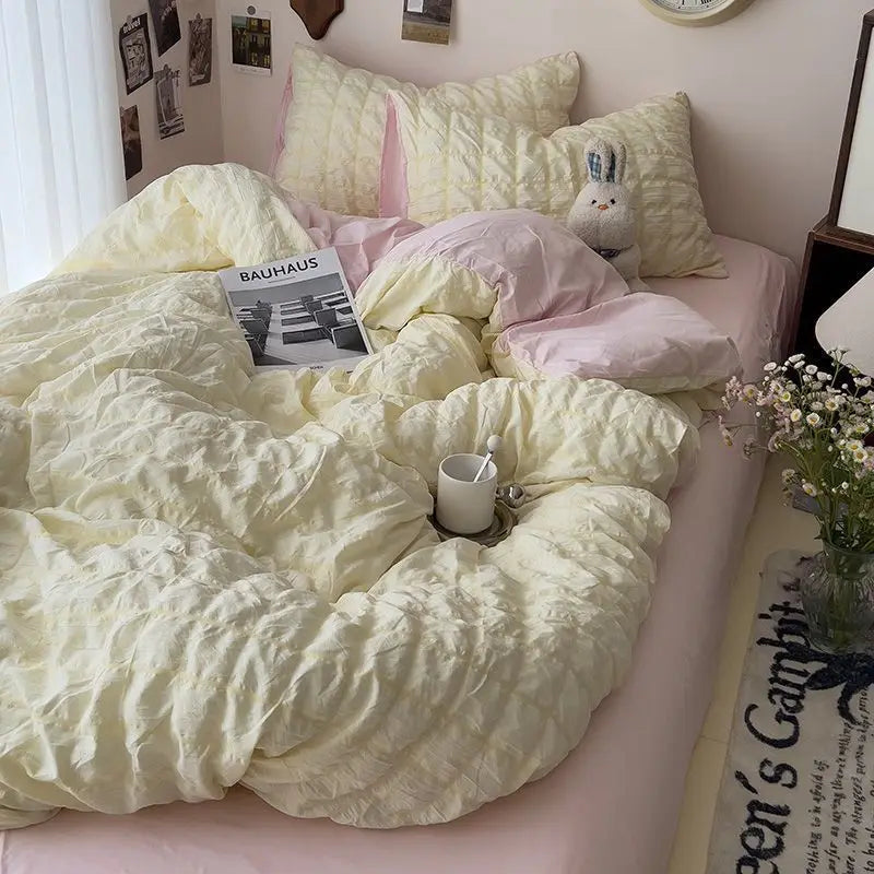 Rynx | Seersucker Princess Girl Bed Linen Set Duvet Cover Korean Four-Piece Washed Cotton Bed Sheet Blanket Set