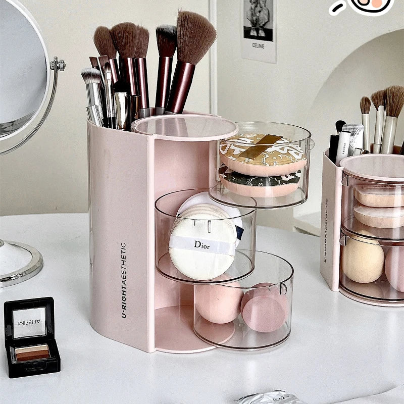 Rynx | Rotatable Powder Puff Storage Box Dustproof Desktop Beauty Egg Air Cushion Shelf Multilayer Lipstick Makeup Brush Storage Rack