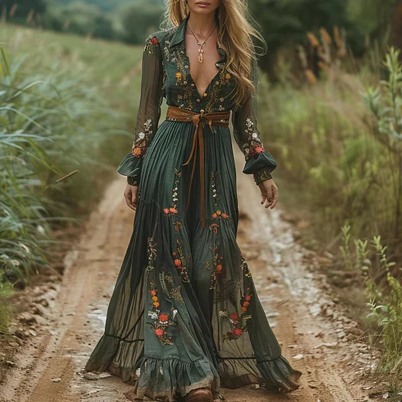 Boho Women's Maxi Dress with Low V-Neck and Long Sleeve Lisslune