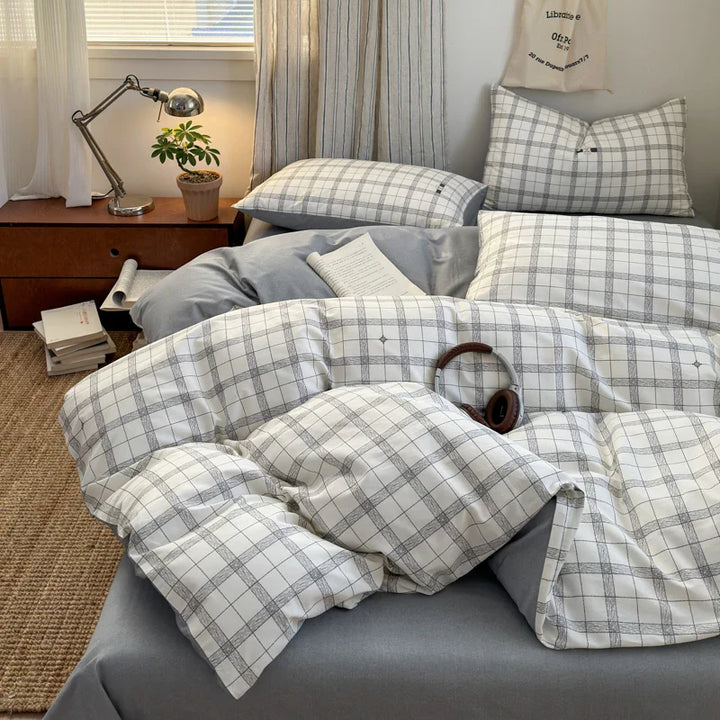 Lisslune | 100% Baumwolle Karo Style Bettbezug Set mit 2 Kissenbezügen - Weiche & Atmungsaktive Bettwäsche, Hypoallergen, Pflegeleicht