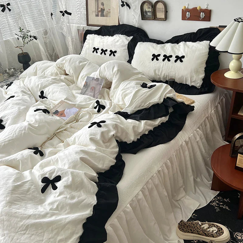 Rynx | Korean princess style Kawaii girls black bow bedding set skin-friendly soft duvet cover set bed sheets or bed skirt pillowcases