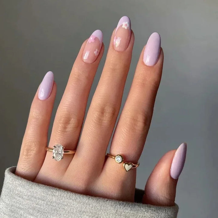 Rynx | Frosted Black Leaf Gold Glitter Powder Long Round Artificial Nails Purple Removable Ready to Stick Artificial Nails with Glue