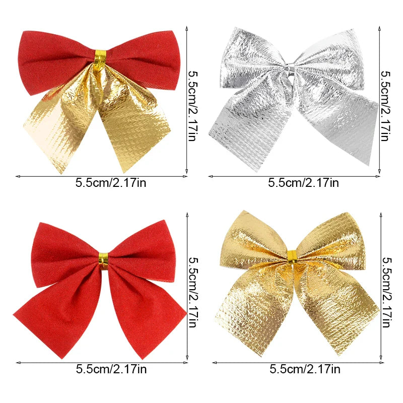Rynx 12/24pcs Christmas Bow Red Gold Mini Christmas Tree Ribbons Charms Ornaments for Christmas Decoration New Year Party DIY Gifts