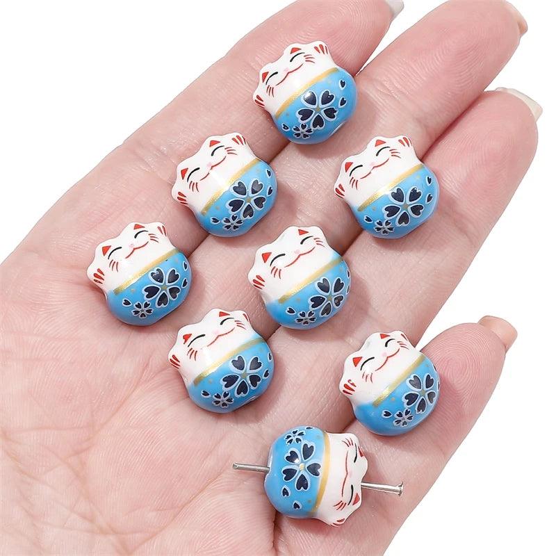 Lisslune | Set of 2 Artisan 14mm Ceramic Lucky Cat Charms for Creative Jewelry Designs