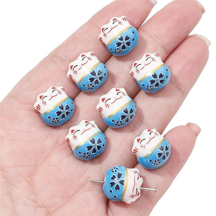 Lisslune | Set of 2 Artisan 14mm Ceramic Lucky Cat Charms for Creative Jewelry Designs