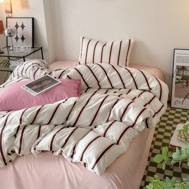 Rynx | In stripes bedding set with pillowcase bed sheet single and double size bedding duvet cover set queen/king double duvet cover