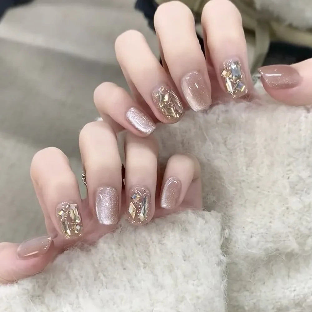 Rynx | Nude Pink Cat Eye Red French Nail Art Portable Fashion False Nails Removable Ready False Nails Press on Nails with Glue
