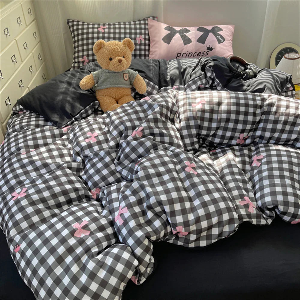 Lisslune | INS Prinzessin Schleifen Bettwäsche Set Rosa Bettbezug Bettdeckenbezug Mädchen Bettwäsche Gewaschenes Baumwollbettzeug Weich Einzel Doppel
