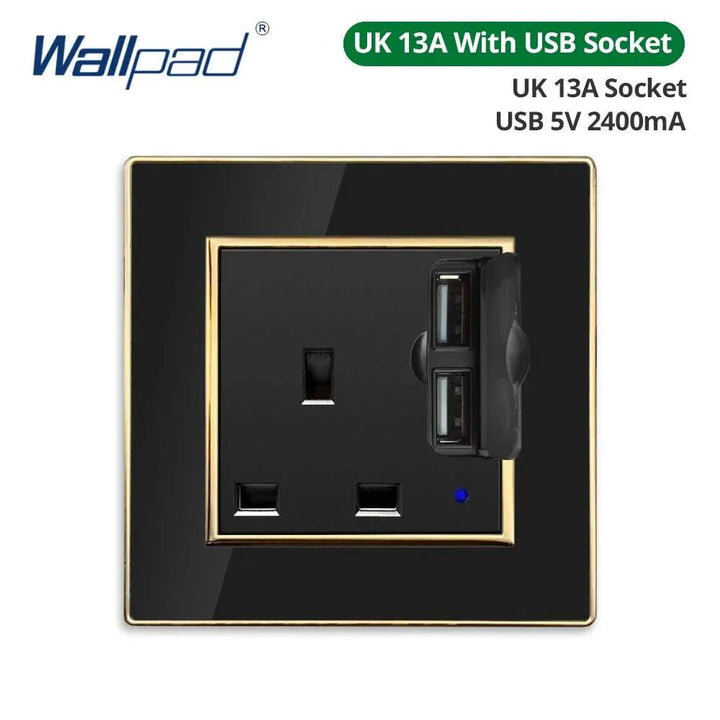Lisslune | Luxurious black acrylic interchangeable panel with golden accents and universal sockets - 220V, multiple socket, modern design - Illuminated control panel with USB charging function