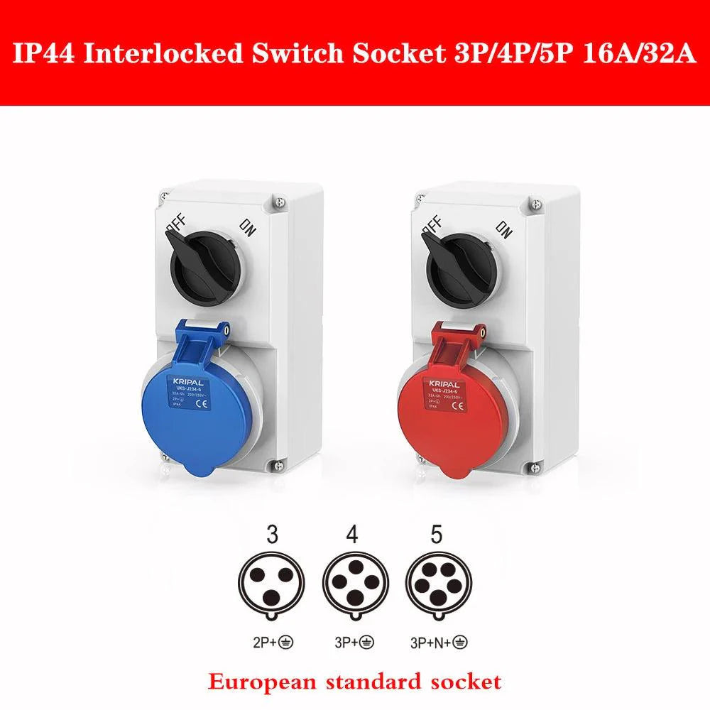 Lisslune | Robust durable waterproof 32A CEE combination socket with circuit protection and switch control
