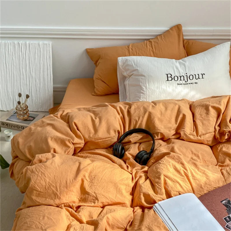 Rynx | INS Style Duvet Cover Set with Pillowcase Bed Sheet Single Full Bed Linen Orange Duvet Queen/King Double Bed
