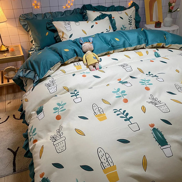 Lisslune | Korean-Vierteil-Set Herbst Winter Bettwäsche Prinzessinnenstil Spitzenbettbezug Blatt Frühling und Sommer Bett