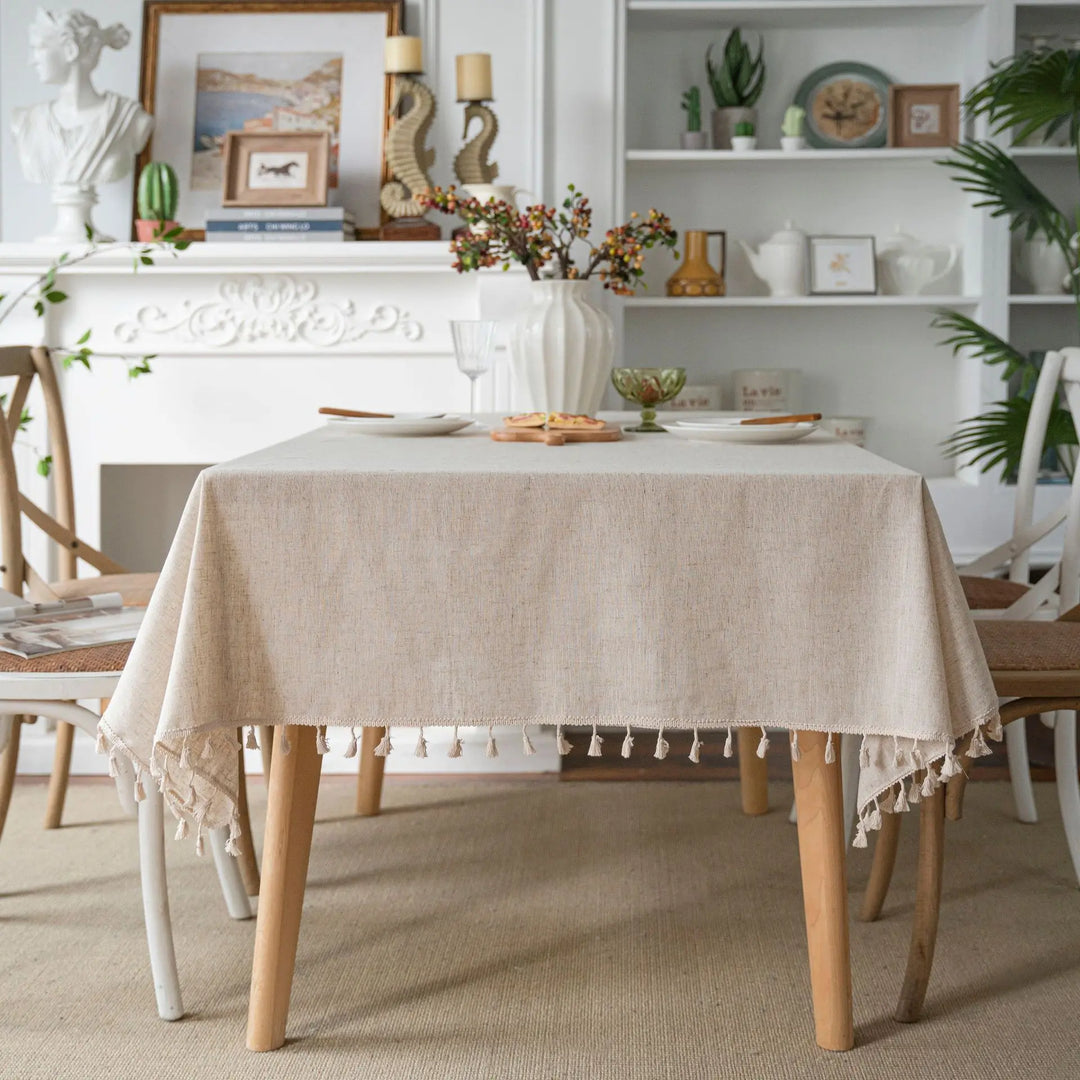 Rynx Linen Blend Tablecloth, Rectangular Fringe, Jute Rope Lace Dustproof Tablecloth, for Kitchen Dining Room Party Tea Table Decoration
