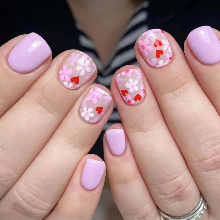 Rynx | 24 Piece Square Press-on Nails Set with Pink Flower Patterns Full Coverage Acrylic Nail Tips Glue for Stylish Women/Girls