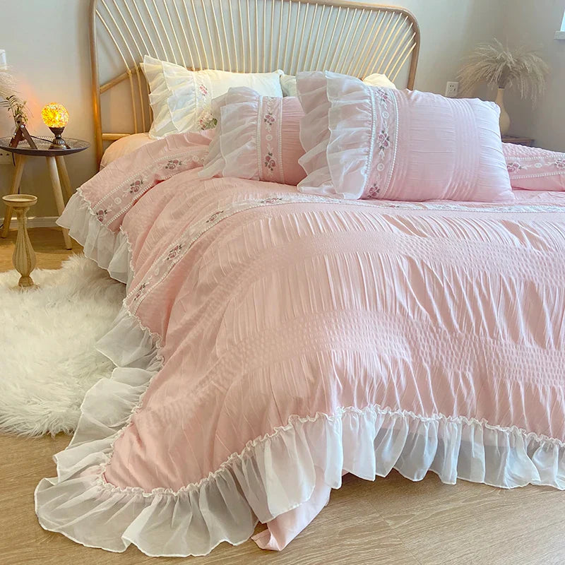 Rynx | Pink Korean Princess Style Lace Ruffle Wedding Bedding Set Seersucker Washed Cotton Soft Duvet Cover Set Bed Sheets Pillowcases