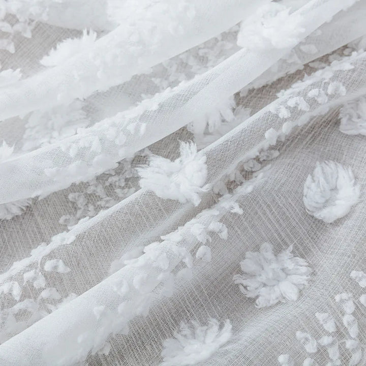 Rynx | 3D White Pompon Embroidery Tulle Modern Striped Sheer Curtains for the Living Room Ruffle Design Sheer Voile Window Draperies