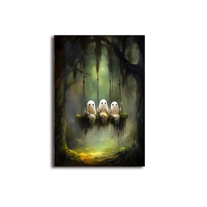 Rynx | Retro Sweet Ghost Companion & Reads Book Canvas Prints Monster Holds Black Cat Wall Art Poster for Living Room Halloween Decor
