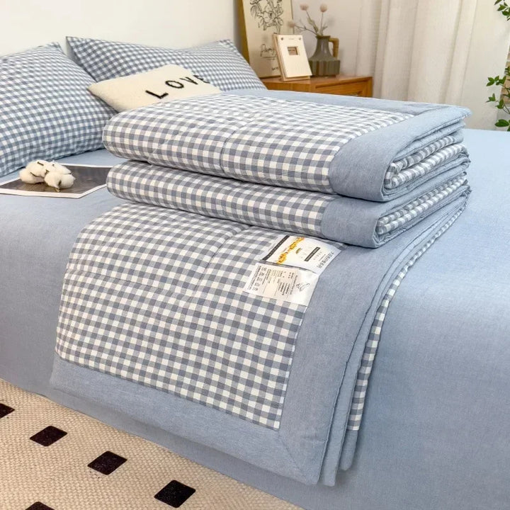 Rynx Summer Duvet Machine Washable Bed Cover Grid King Size Blanket Double Cotton Soft Fashion Air Conditioning Cool Quilt