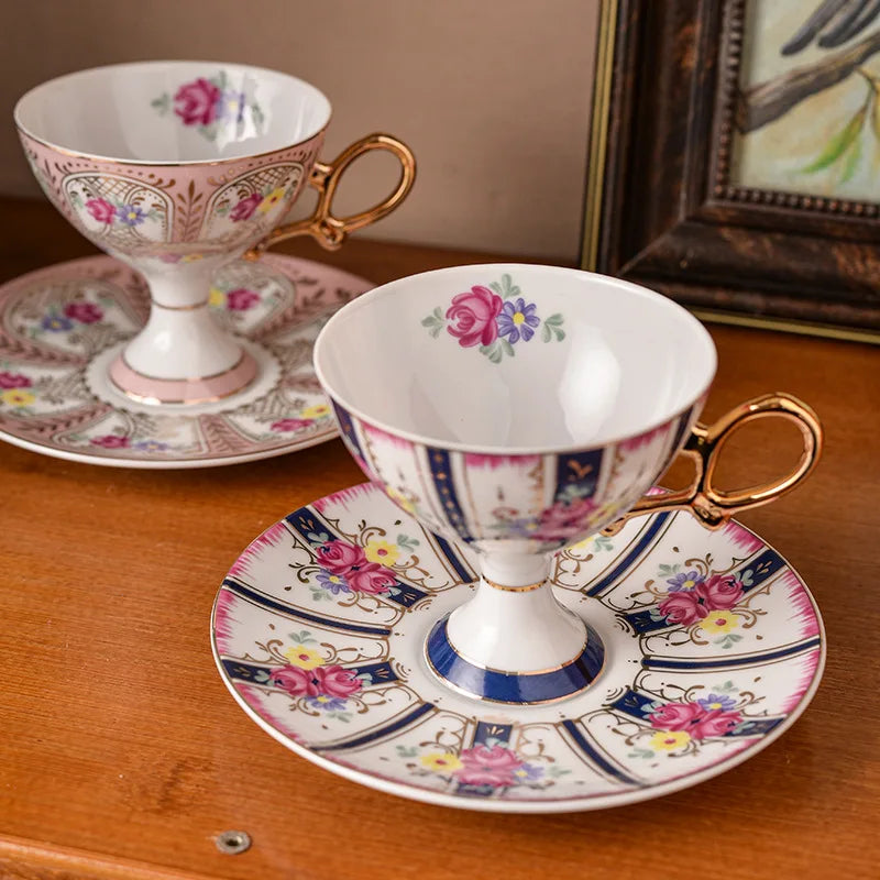 Rynx | Ceramic cup and saucer High coffee cup Palace Vintage Flower Handmade cup saucer set Golden handle Elegant drinking utensils