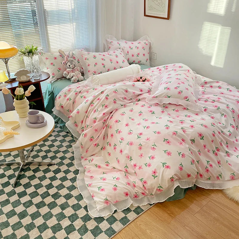 Rynx | Floral Style 100% Cotton Printed Soft Bed Linen Set Duvet Bedware Duvet Pillowcase Flat Sheet Comforter Set for Girls