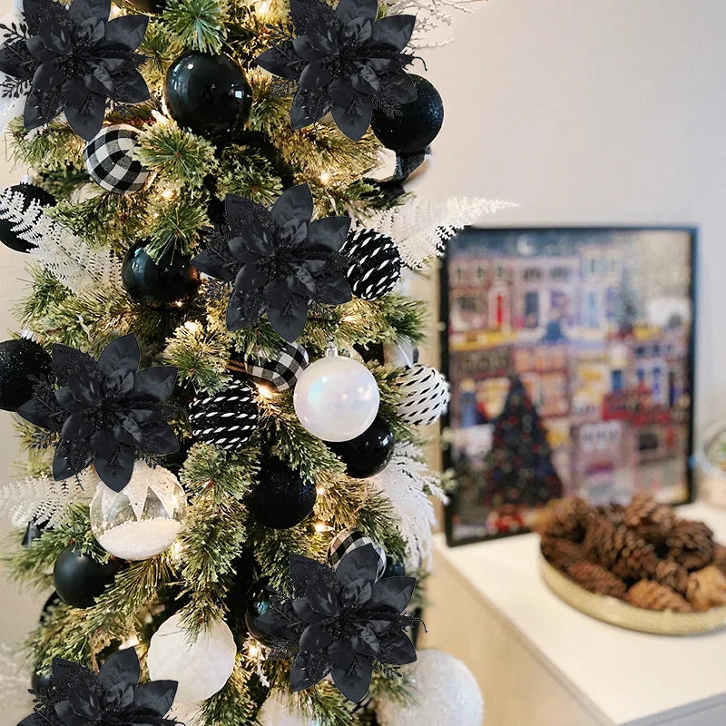 Rynx 5.7 inch artificial blue and black Christmas glitter flowers with clips 5/10 pieces Xmas tree flower ornaments Noel New Year decoration