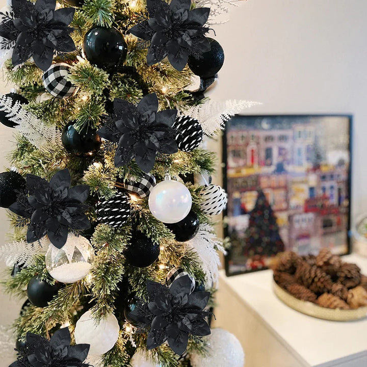 Rynx 5.7 inch artificial blue and black Christmas glitter flowers with clips 5/10 pieces Xmas tree flower ornaments Noel New Year decoration