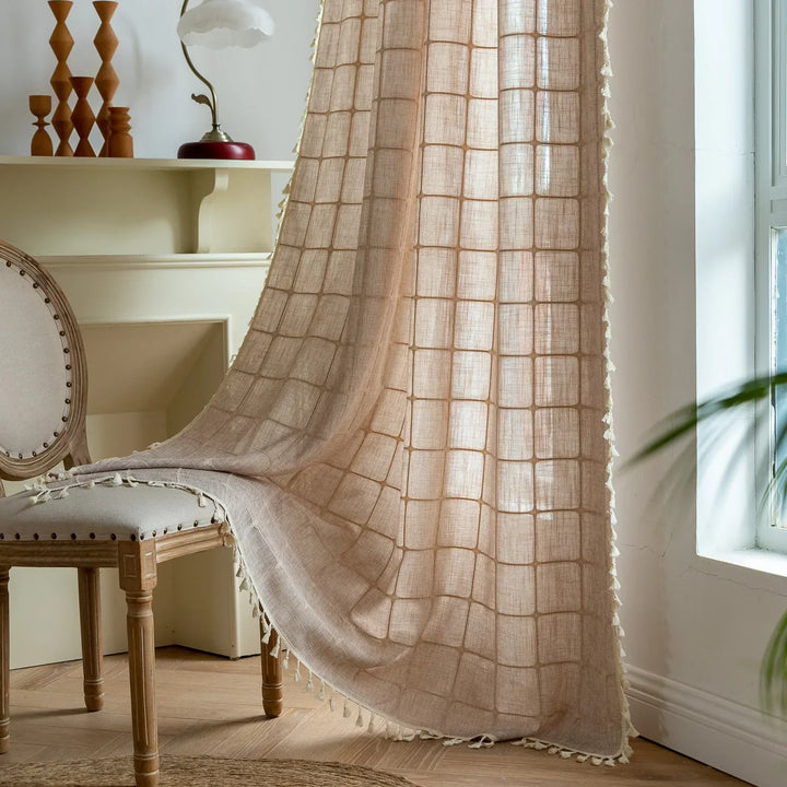 Rynx Cotton Linen Square Curtains Road Pocket Shade Curtain Tassel for Kitchen Bedroom Living Room Bay Window Cabinet Curtain