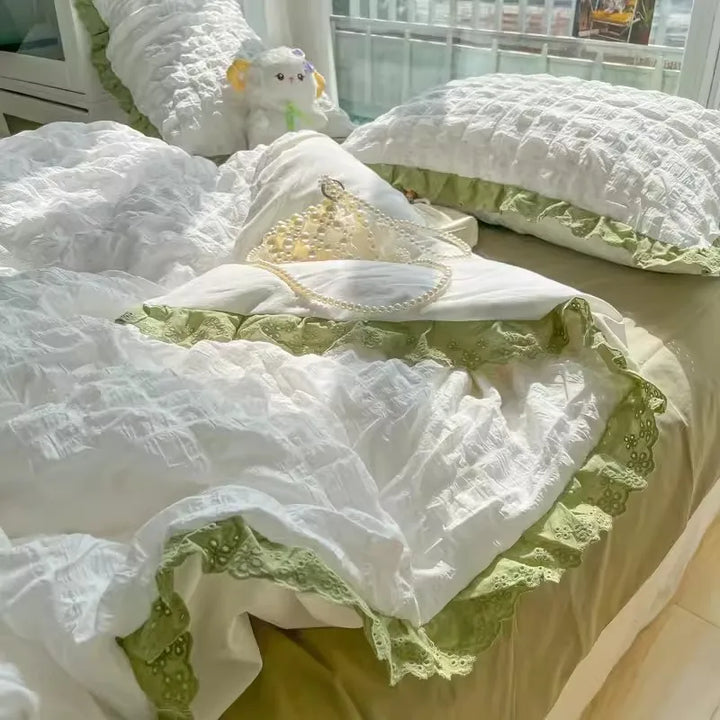Rynx | Korean Seersucker Ruffle Bedding Set for Women Princess Style Bedroom Bedding Set Queen Washed Cotton Solid Color Bedding