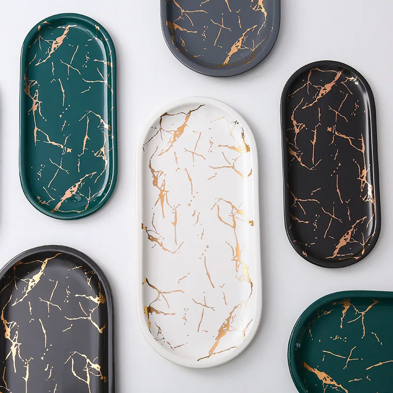 Lisslune | Nordic Ins Ceramic Marble Oval Tray Jewelry Storage Tray Accessories Soap Holder Golden Wave Bathroom Cup Bath Decoration