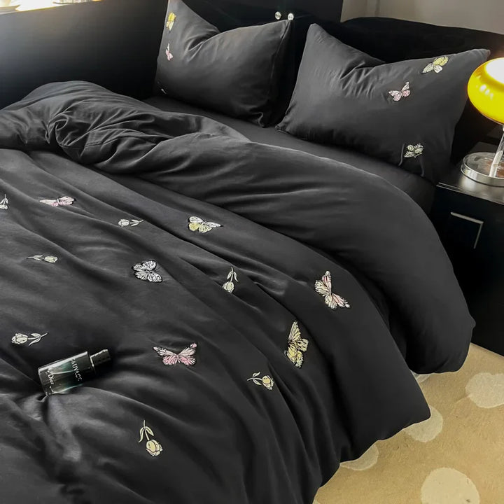 Rynx | 2/3/4 Pieces Luxury Butterfly Embroidery Bedding Set Soft Skin-Friendly Washed Cotton Duvet Cover Twin Full Queen King Bed Set