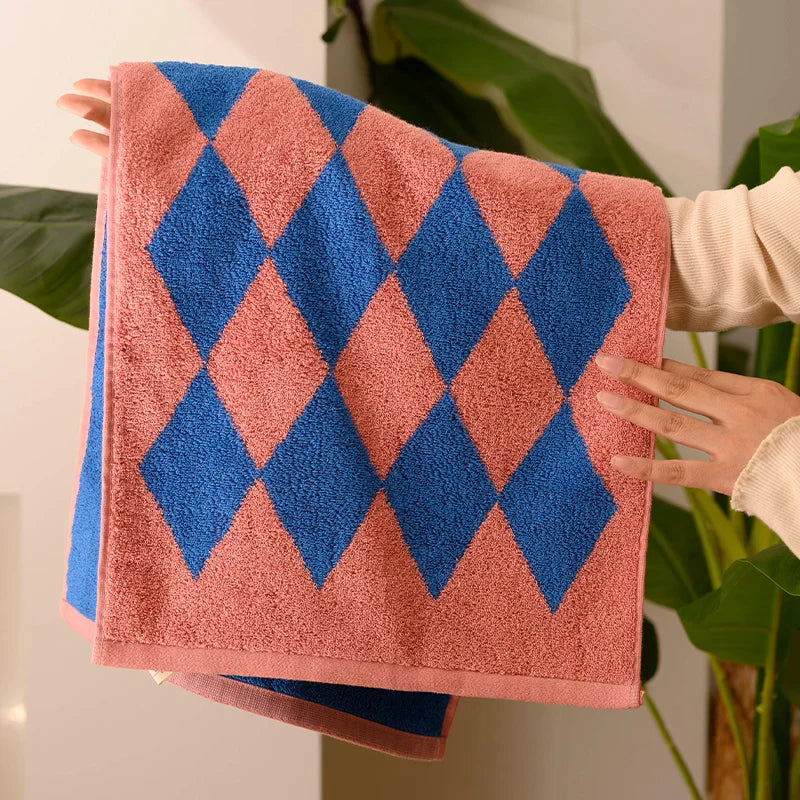 Rynx | Vintage Diamond-check Cotton Towel Soft Yarn-dyed Cotton Skin-friendly Face Towel Suction Cup Bath Towel Daily Beach Towels