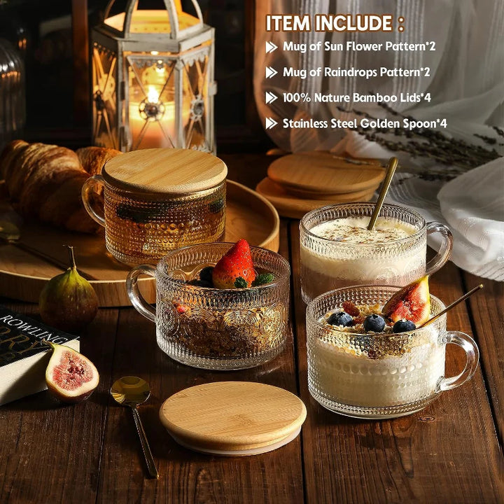 Rynx | Set Vintage Coffee Mugs Overnight Oats Containers with Bamboo Lids and Spoons 14oz Clear Embossed Glass Cups Iced Coffee Glasses