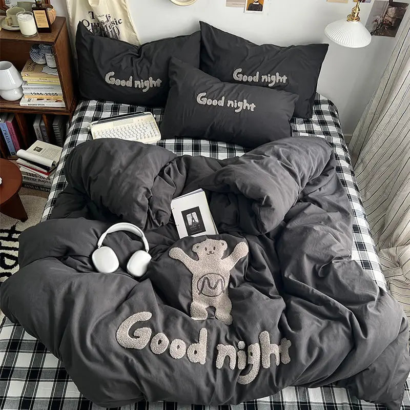 Rynx | Ins Cartoon Bedding Set Teddy Bear Washed Cotton Towel Embroidered Solid Color Bed Sheets Dorm Student Duvet Cover Set