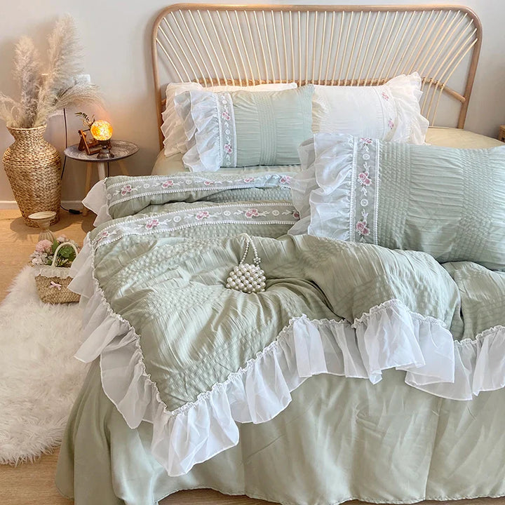 Rynx | Pink Korean Princess Style Lace Ruffle Wedding Bedding Set Seersucker Washed Cotton Soft Duvet Cover Set Bed Sheets Pillowcases