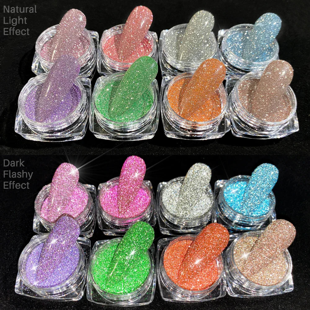 Rynx | 8 jar/set Reflective Diamond Glitter Nail Art Chrome Pigment Sparkling Flash Crystal Pigment Nails DIY Dust Nail Supplies