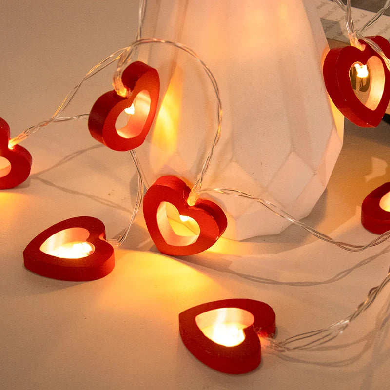 Rynx | 10 LED Love Heart String Lights Valentine's Day Wooden Light Garland LED String Lights Wedding Party DIY Decoration Supplies Props