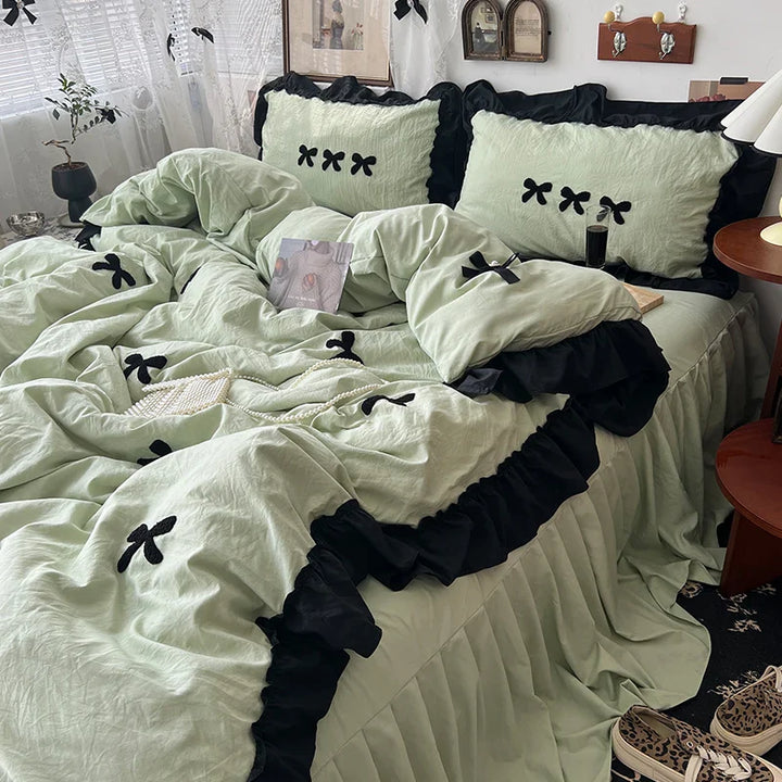 Rynx | Korean princess style Kawaii girls black bow bedding set skin-friendly soft duvet cover set bed sheets or bed skirt pillowcases