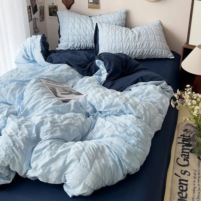 Rynx | Seersucker Princess Girl Bed Linen Set Duvet Cover Korean Four-Piece Washed Cotton Bed Sheet Blanket Set