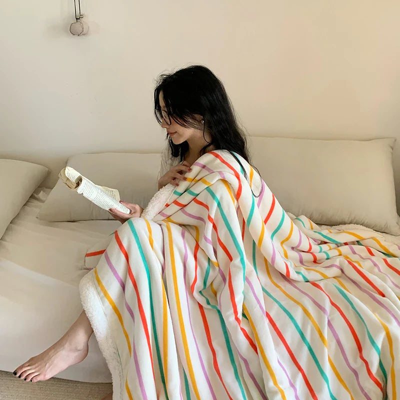 Rynx | Ins Style Blanket 2024 New Skin-Friendly Lamb Fleece Blanket Striped Series For Bedroom Sofa Office