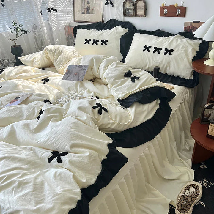 Rynx | Korean princess style Kawaii girls black bow bedding set skin-friendly soft duvet cover set bed sheets or bed skirt pillowcases