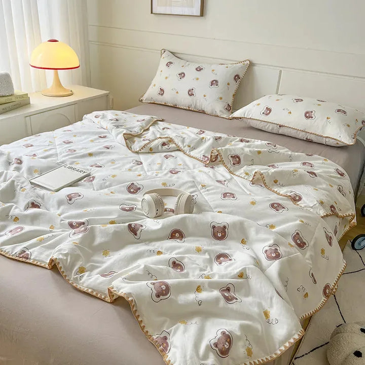 Rynx Summer Quilt Cotton Floral French Style Double Climate Quilt, Double Layer Summer Blanket Comforter Duvet