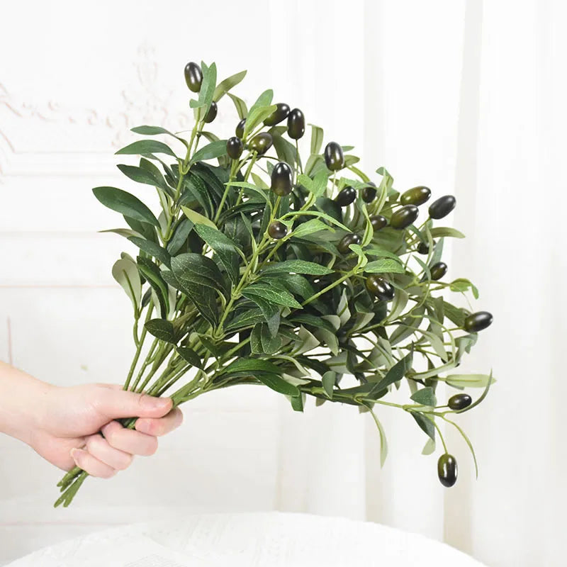 Rynx 1/3 Piece Artificial Olive Leaves Tree Branch Green Plant with Fruits for Home Garden Vase Decoration Wedding Bouquet Silk Flowers