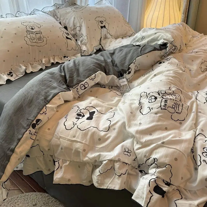 Rynx | Korean Princess Bedding Set Skin-friendly Washable Cotton Bedding Set of Four Pieces Lace Bedding Set Pillowcases Duvet Cover