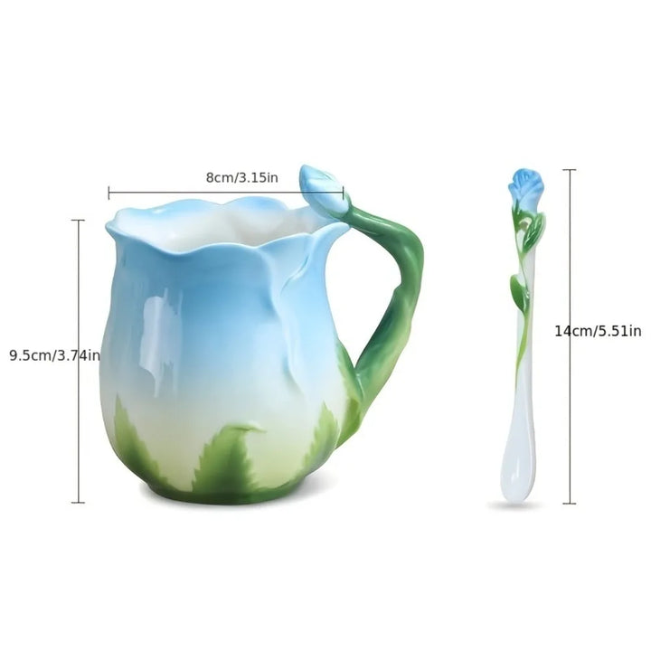 Lisslune | 3D Rose Flower Coffee Mug Ceramic Coffee Mugs Cute Aesthetic Water Cups with Spoon Summer Winter Drinking Utensils Valentine's Day Gifts
