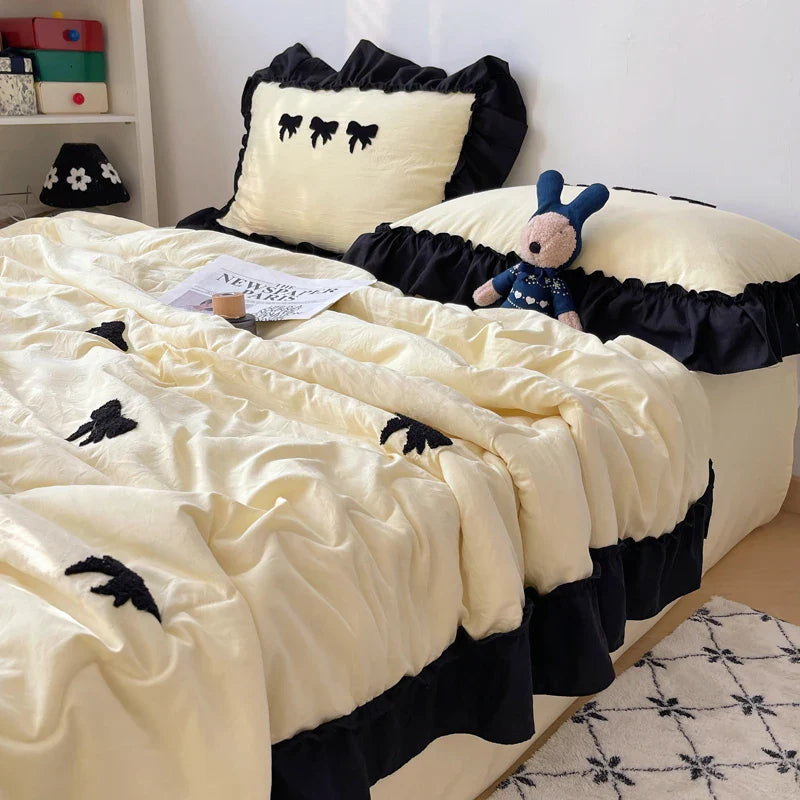 Lisslune | Einfarbige Klimaanlage Quilt Schwarze Schmetterlingsstickerei Einzelne Königin Bettwäsche Einfaches Rüschendesign Mädchen Kinder Quilt