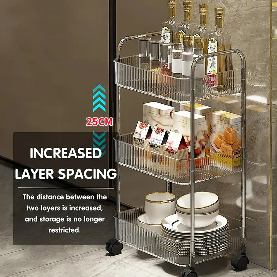 Rynx | Light Luxury Storage Trolley 2/3/4 Layers Transparent Acrylic Rolling Cart With Removable Hanging Goods Snacks Book Shelf