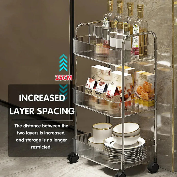 Rynx | Light Luxury Storage Trolley 2/3/4 Layers Transparent Acrylic Rolling Cart With Removable Hanging Goods Snacks Book Shelf