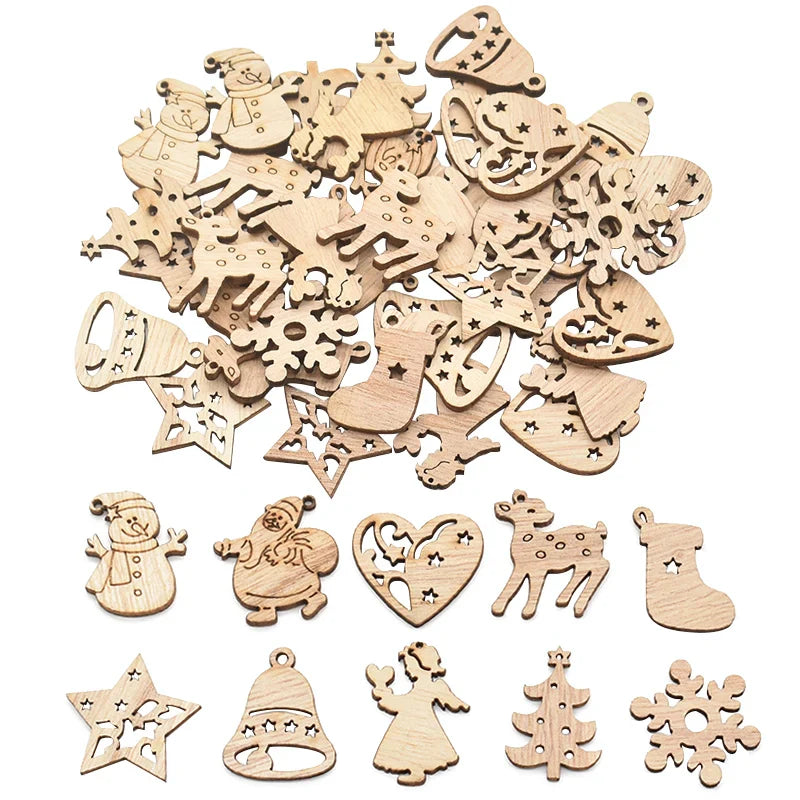 Rynx 50 pieces Christmas natural wood chips Santa snowflake Christmas tree hanging ornaments pendants Christmas decoration DIY craft