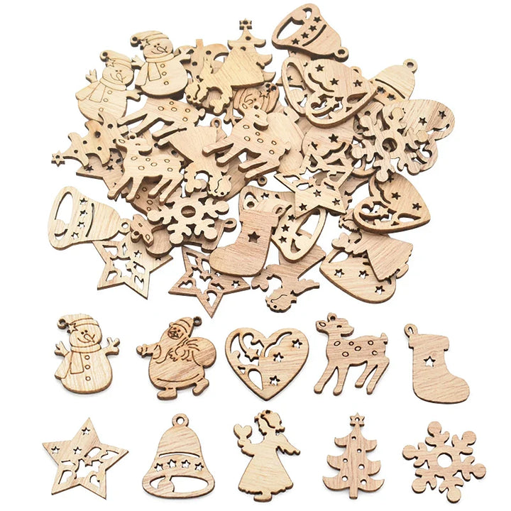 Rynx 50 pieces Christmas natural wood chips Santa snowflake Christmas tree hanging ornaments pendants Christmas decoration DIY craft
